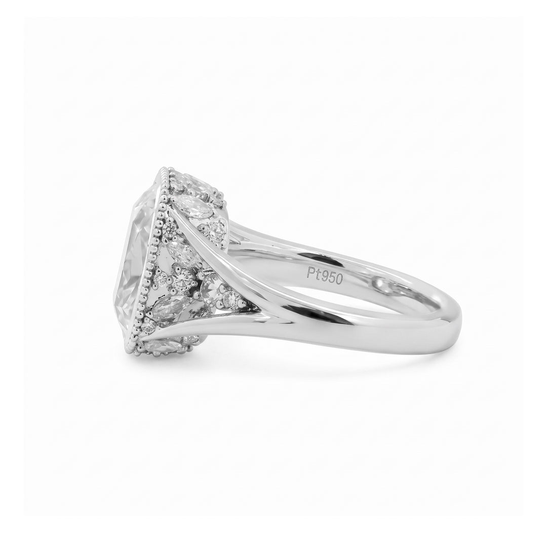 Elongated OMC Diamond Bezel Ring with Round &amp; Marquise-Cut Side Stones and Millegrain