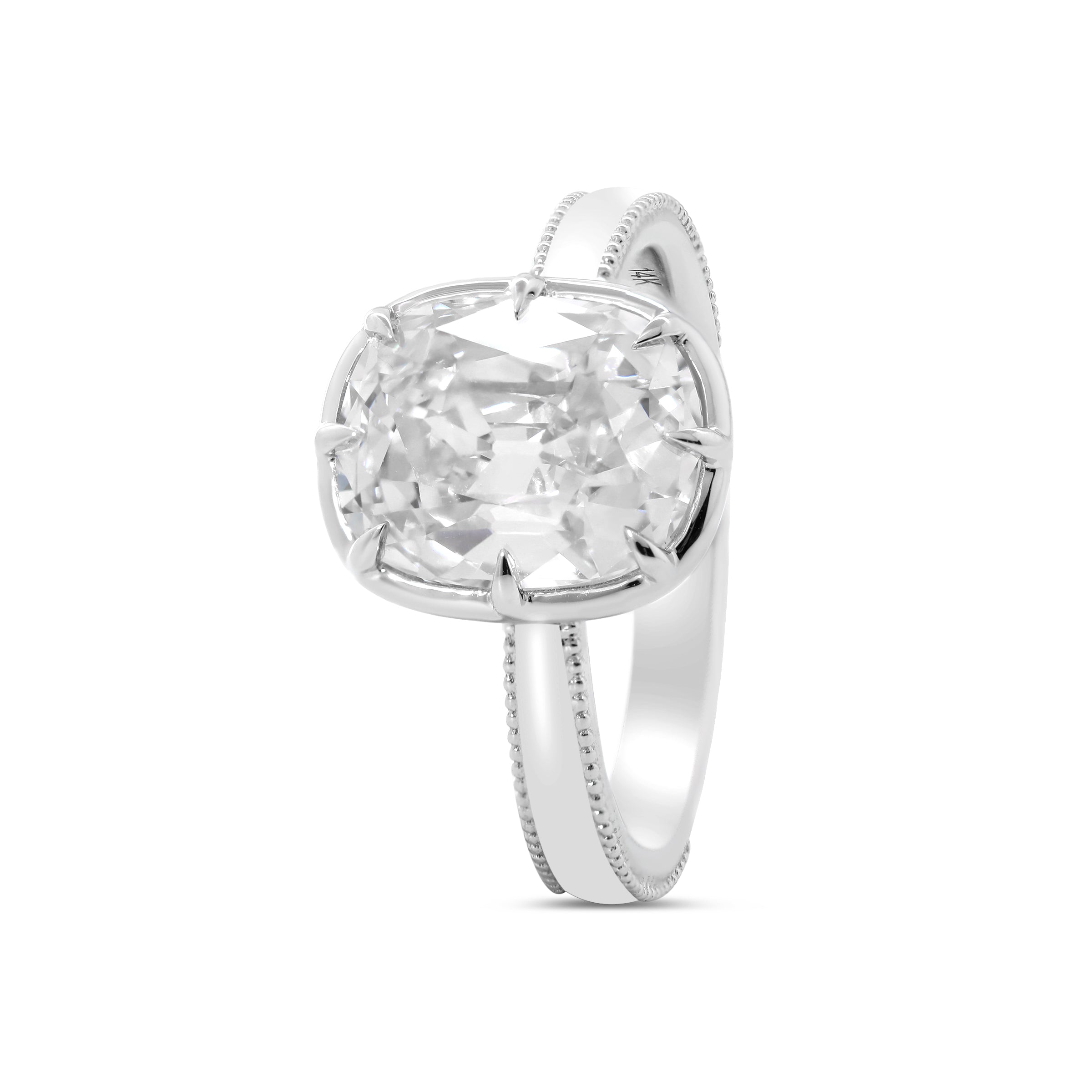 14K White Gold 3ct Elongated Old Mine Cut Lab Diamond 8 Claw Prong Basket Solitaire Ring with Millegrain Tapered Band Design