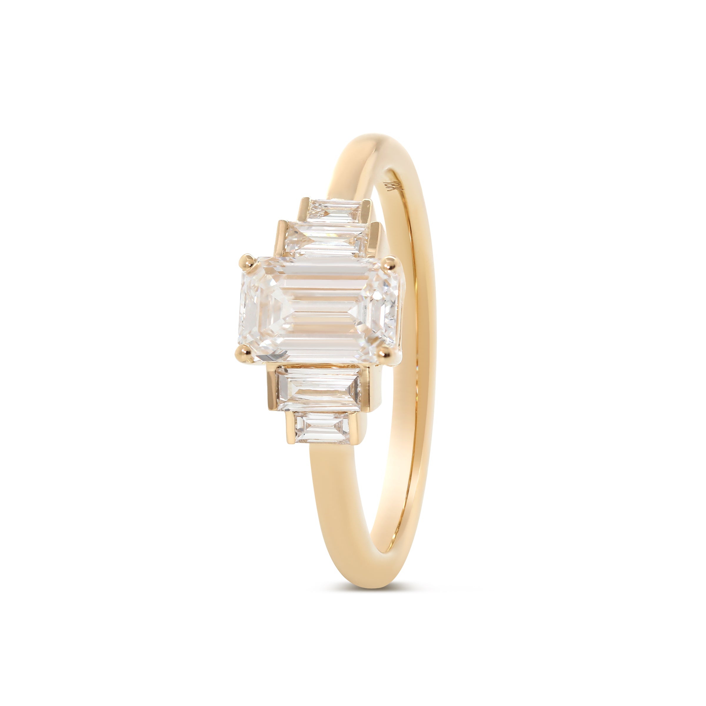 1ct Emerald Cut Lab Diamond 4 Round Prong Basket Five-stone Ring with Half Bezel Baguette Cut Side Stones