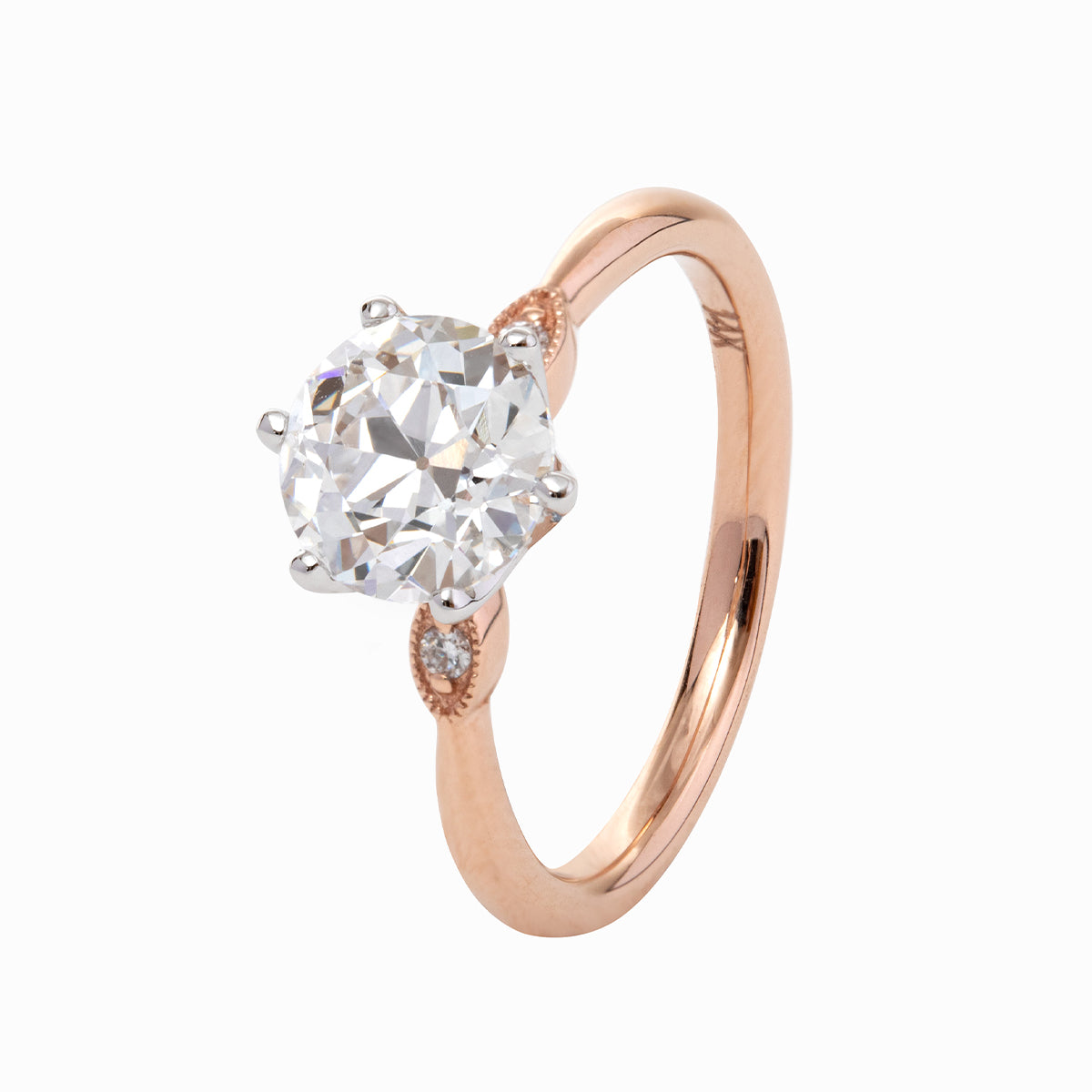 14K White & Rose Gold Old European Cut Diamond Three Stone Oval Elongated Cushion Cut Engagement Rings