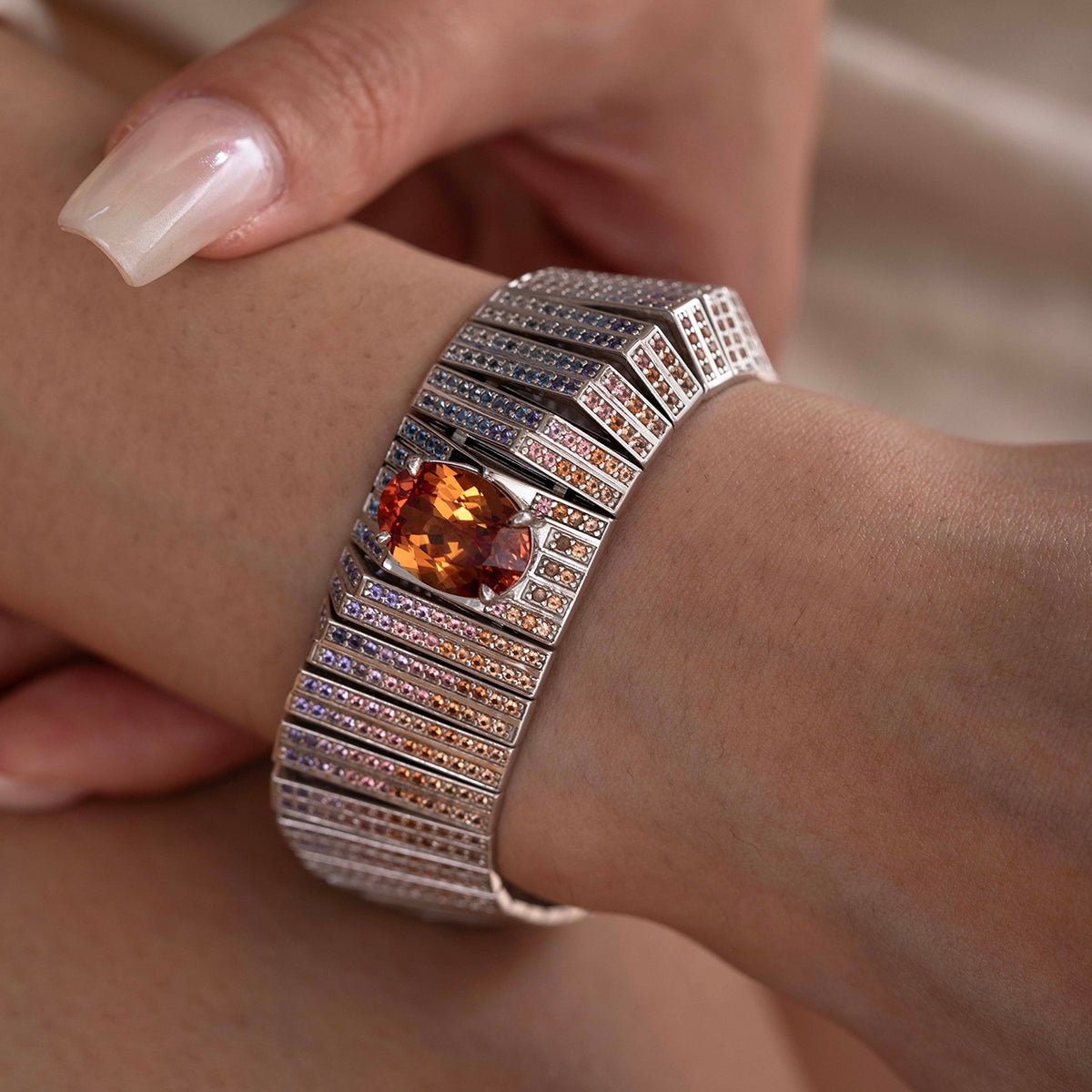 14K White Gold Colored Lab Gemstone Bracelet with 10*14mm Oval Lab Orange Sapphire