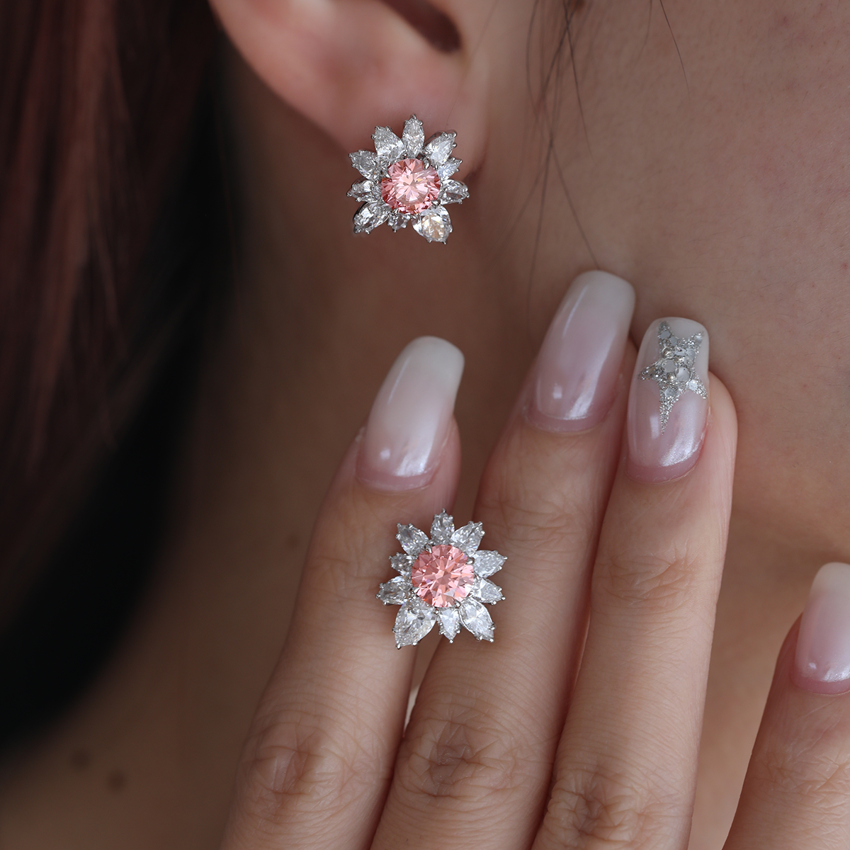 Platinum 2 ct tw Pink Round Cut Lab Dimaond Floral Nature-Inspired Stud Earrings