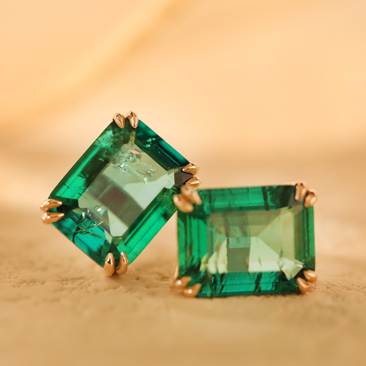 14K Yellow Gold 3.5 ct tw Zambian Lab Emerald Double Claw Prong Basket Stud Earrings