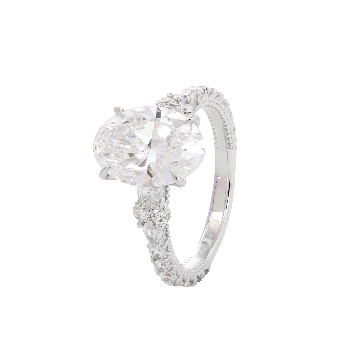 18K White Gold 3.5ct Oval Lab Diamond Vintage Ring with Millegrain and Lab Diamond Side-stones Pave
