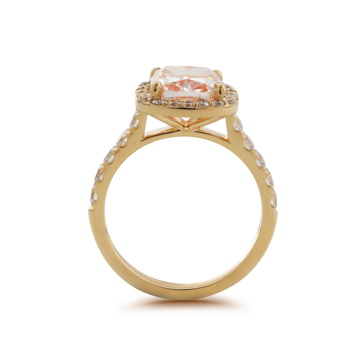 14K Yellow Gold 3ct Cushion Cut Pink Lab Diamond Ring with Round Lab Diamond Halo and U-shape Pave