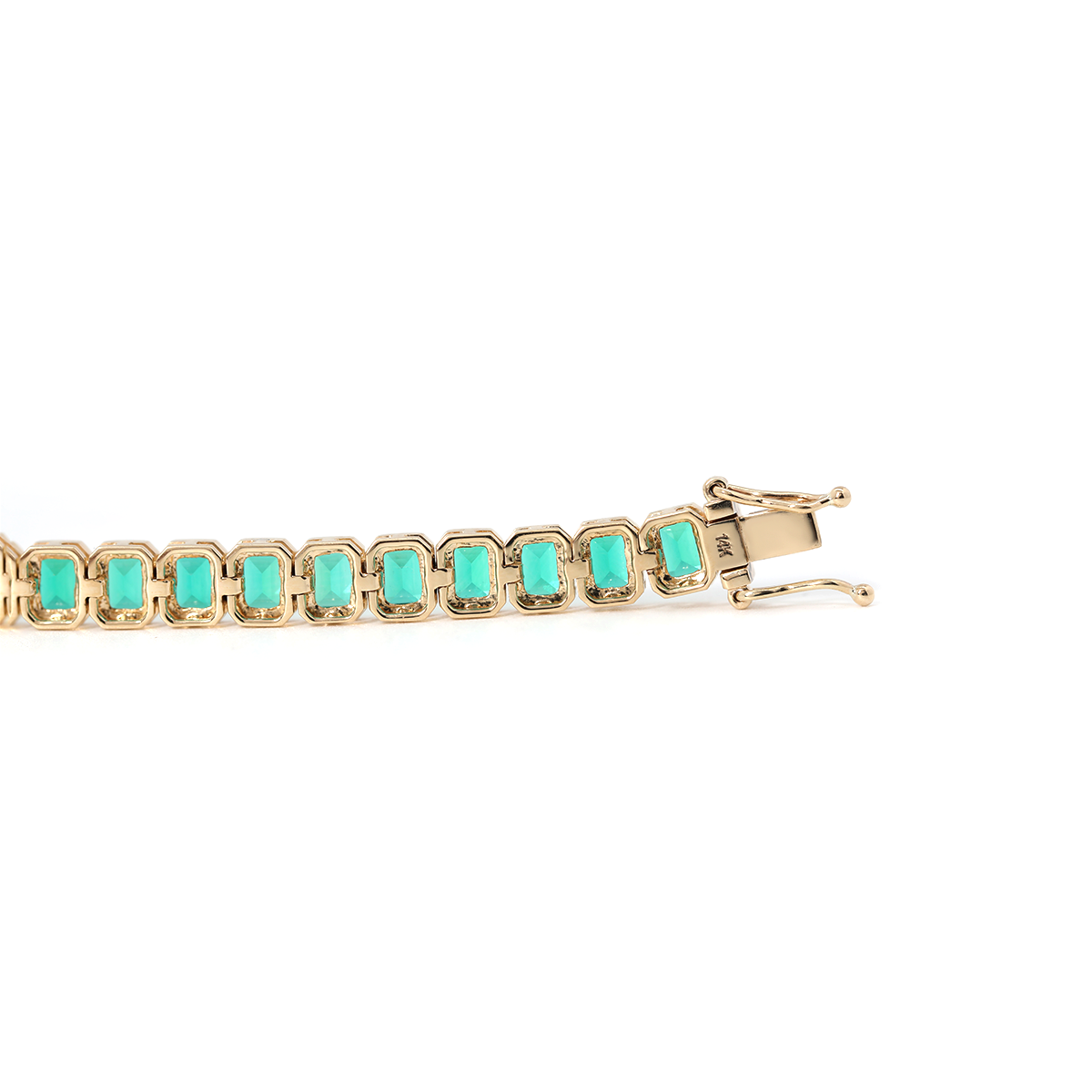 14K Yellow Gold Emerald Cut Lab Zambian Emerald Bezel Tennis Bracelet