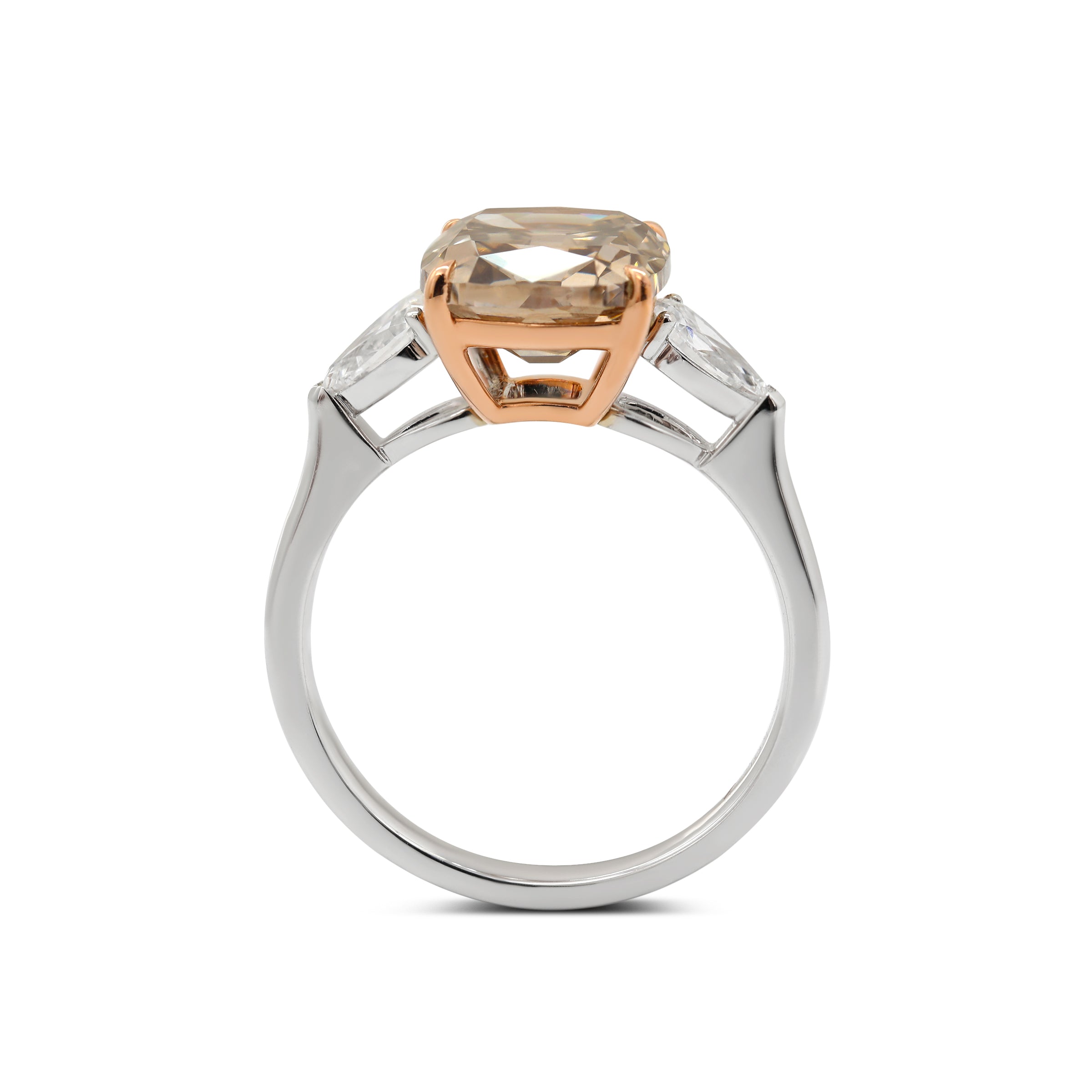 18K White Gold and Rose Gold 2.74ct Cushion Old Mine Cut Brown Lab Diamond Three-stone Prong Ring with Two Pear Cut Lab Diamonds