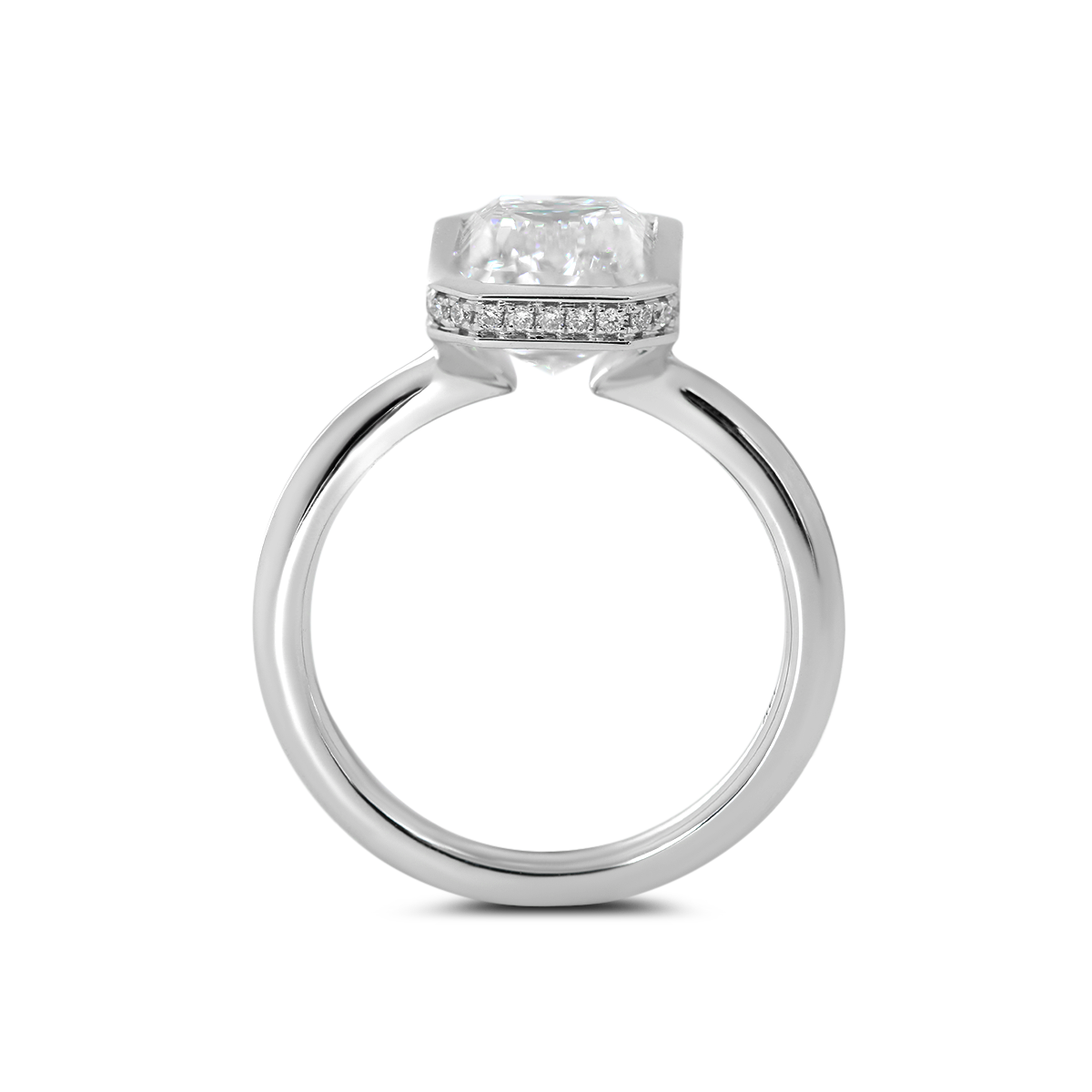 14K White Gold 3ct Criss Cut Bezel Ring with Round Lab Diamond Hidden Halo