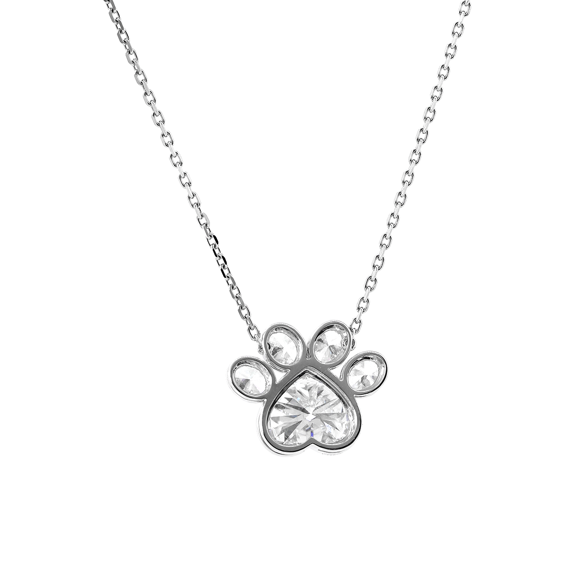 14K White Gold Heart Shaped and Oval Lab diamond Bella Paw Bezel Pendant Necklace