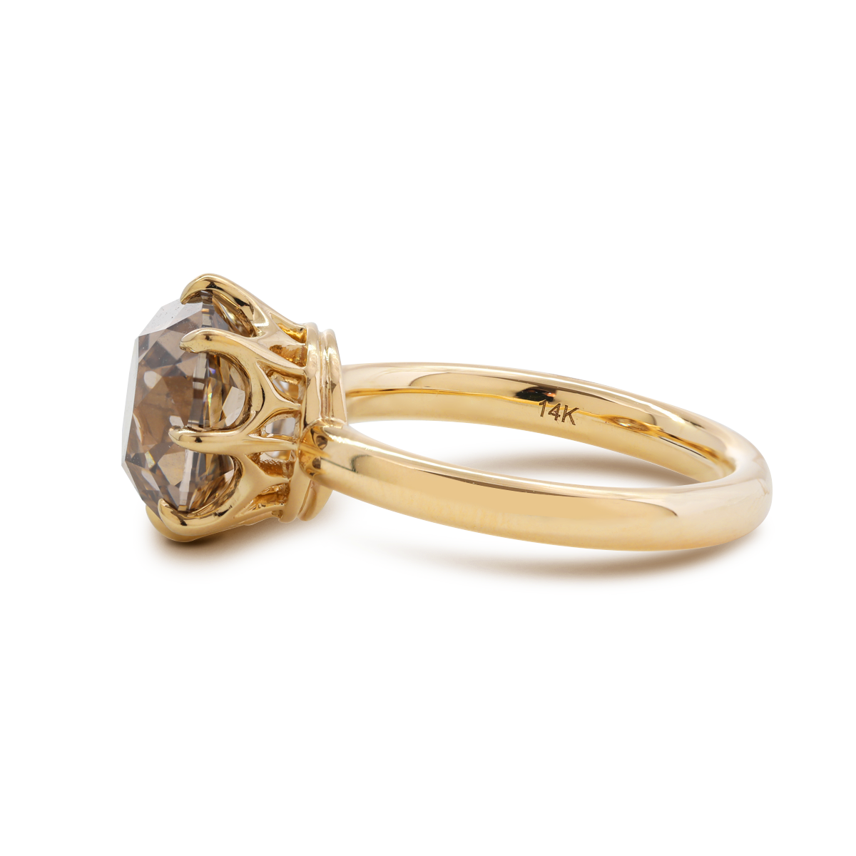 14K Yellow Gold 4.5ct Old Mine Cut Brown Lab Diamond 8 Claw Prongs Crown Setting Solitaire Ring