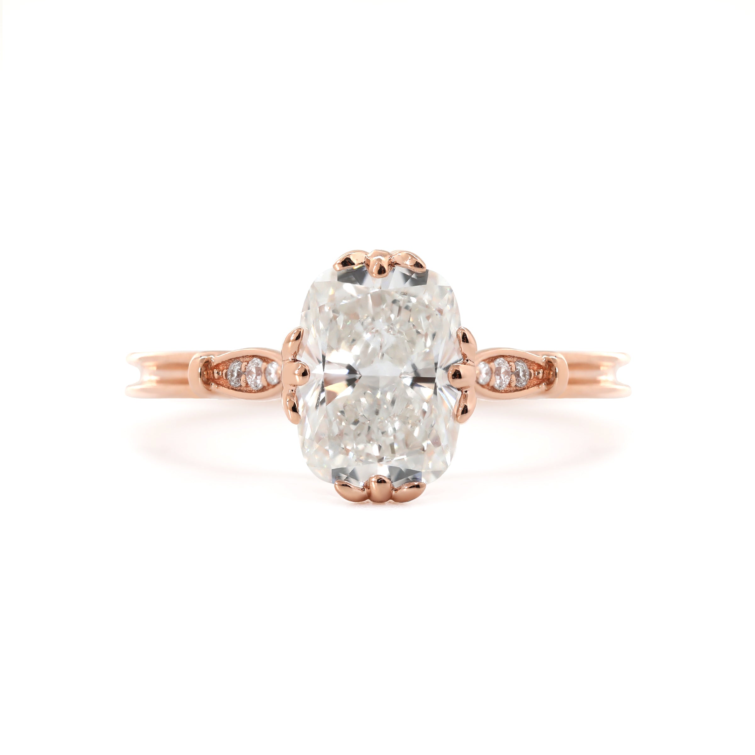 14K Rose Gold 2ct Elongated Cushion Cut Lab Diamond Triple Prong Cathedral Design Ring