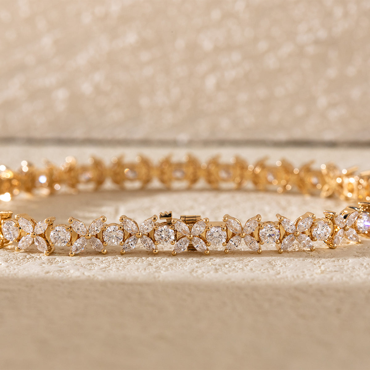 18K Yellow Gold Marquise Cut & Round Cut Lab Diamond Floral Tennis Bracelet