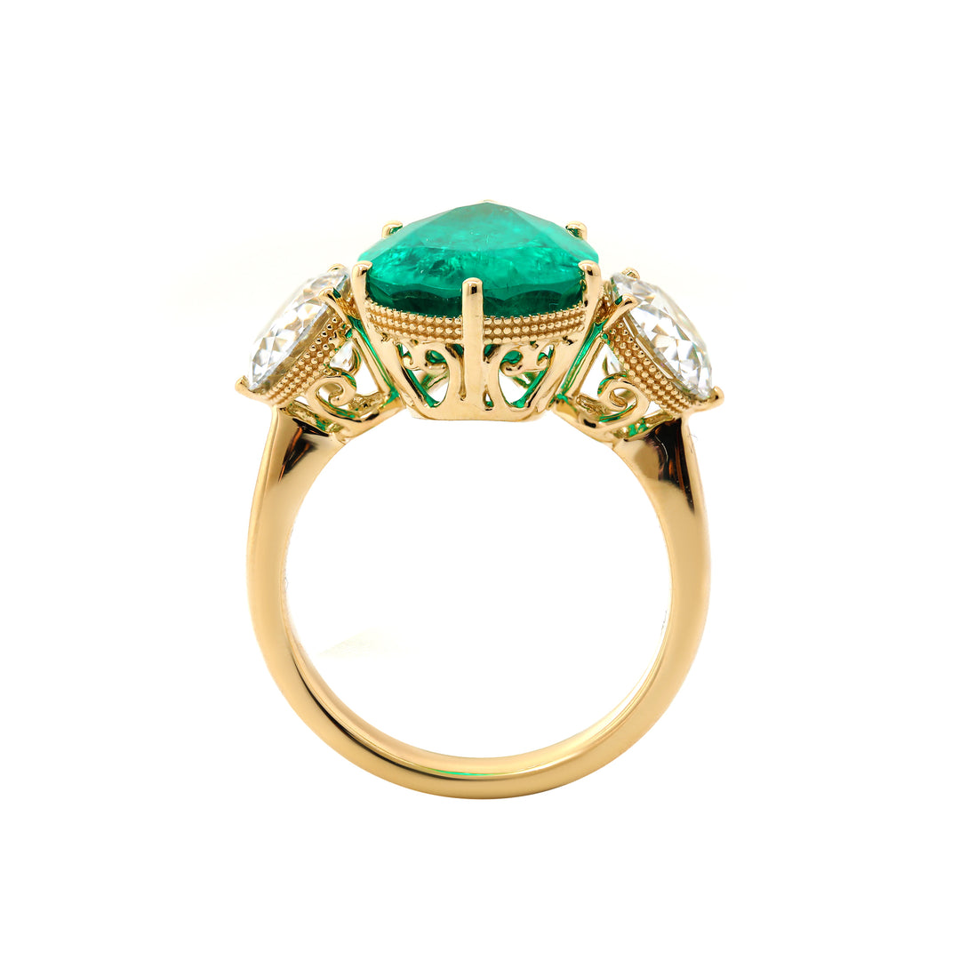 Pear Lab Emerald Three-Stone Engagement Ring with Old European-Cut Lab Diamond Side Stones