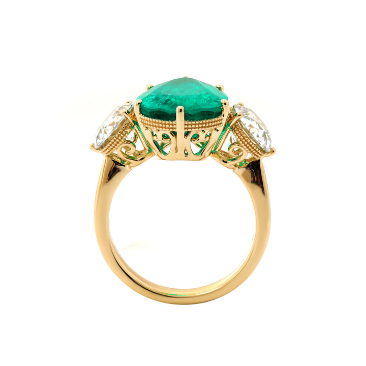 Pear Lab Emerald Three-Stone Engagement Ring with Old European-Cut Lab Diamond Side Stones