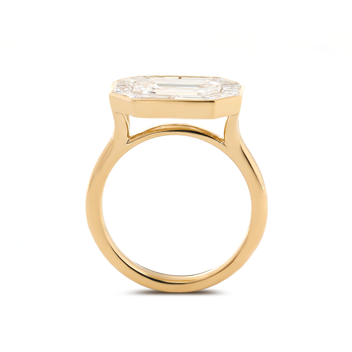 14K Yellow Gold 2.5ct Antique Emerald Cut Lab Diamond Ring with Tapered Step Cut Lab Diamond Halo