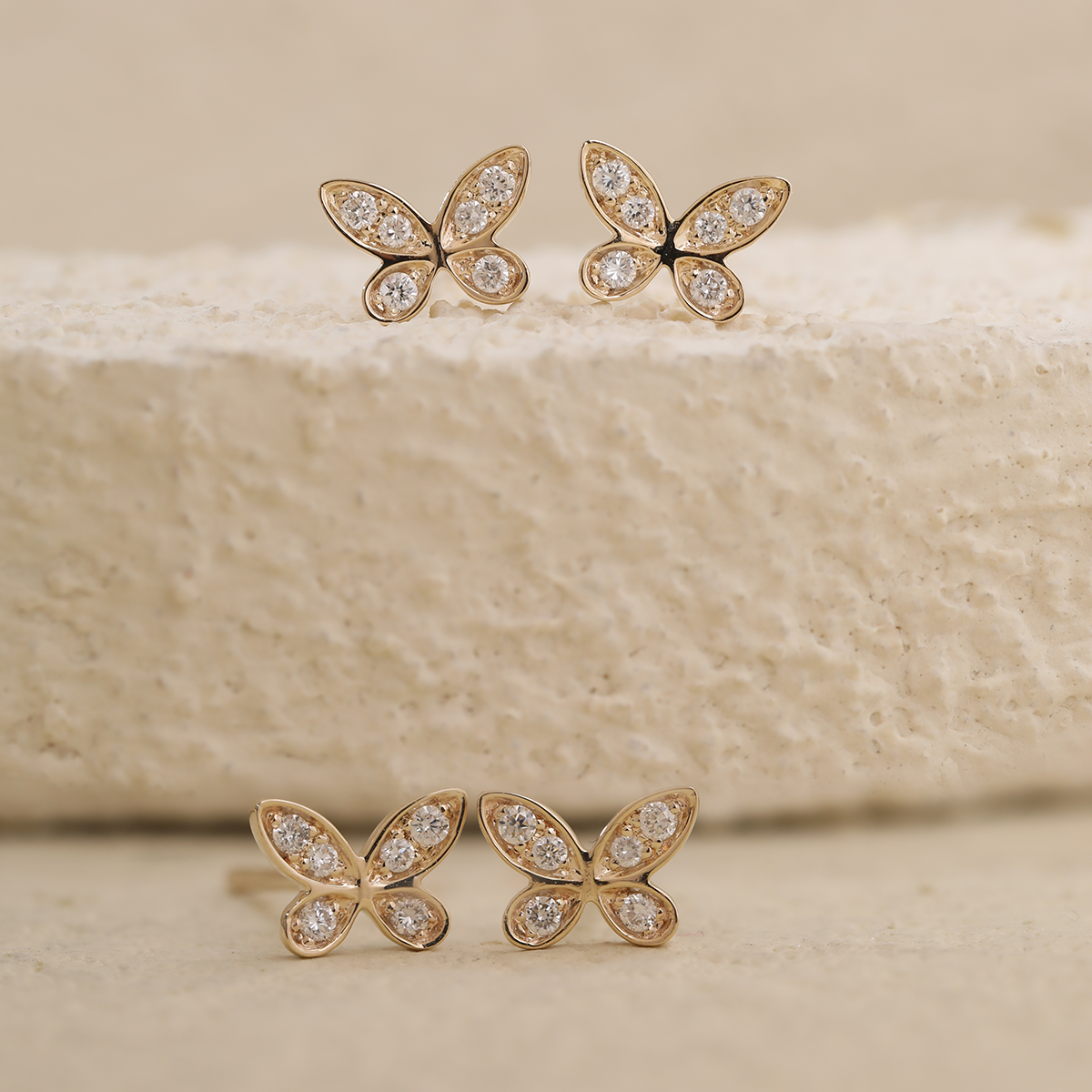 14K Yellow Gold Round Lab Diamond Butterfly Stud Earrings