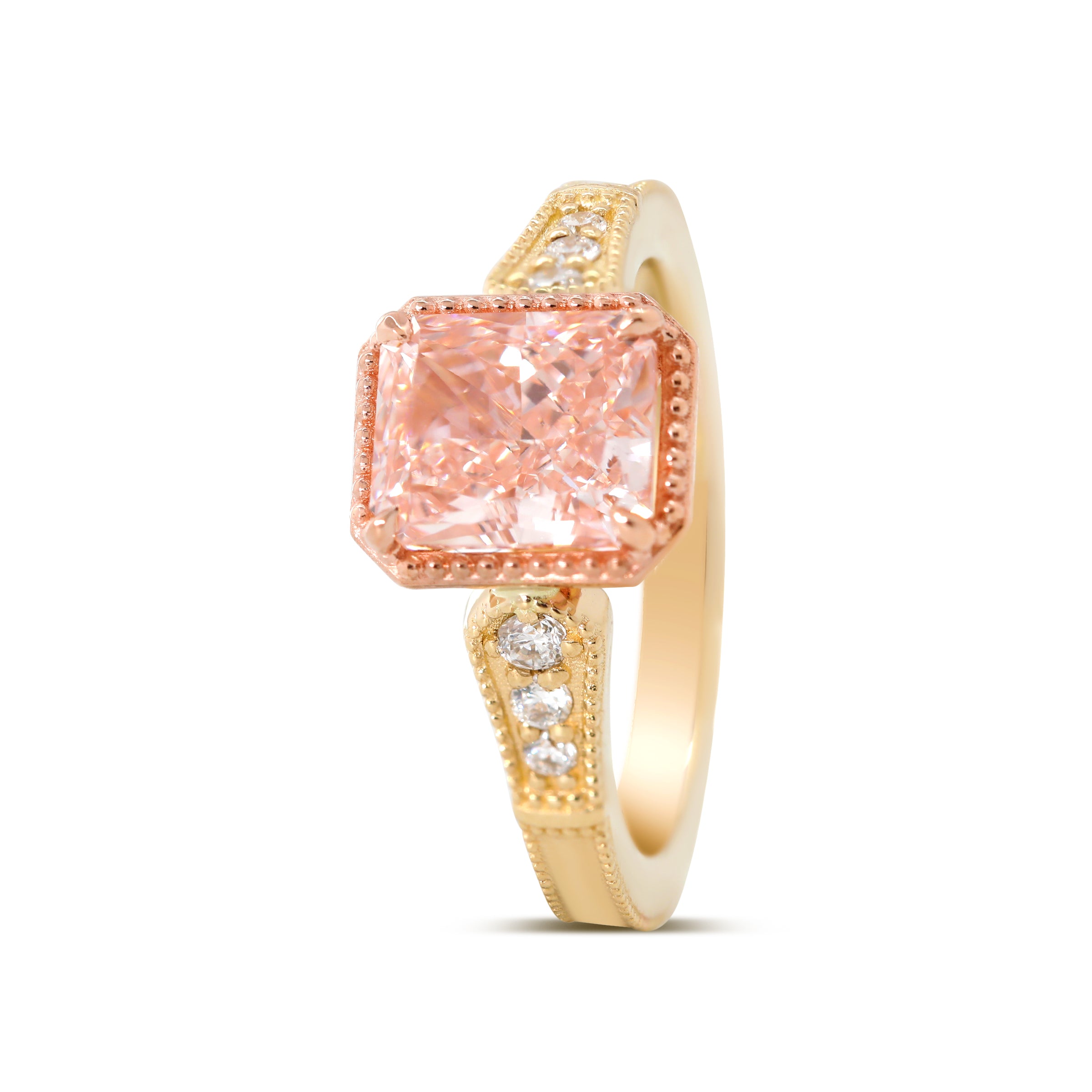 14K Yellow and Rose Gold 1.5ct Radiant Cut Pink Lab Diamond Millegrain Vintage Design Ring with Round Lab Diamond Side-stone