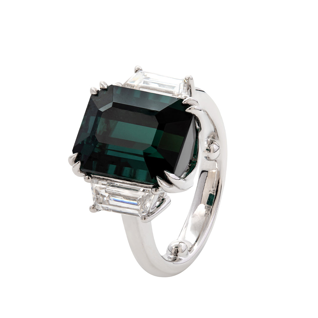 Platinum 9.4ct Verdelite Green Tourmaline Three-stone Ring with Step Cut Trapezoid Lab Diamond Side-stones