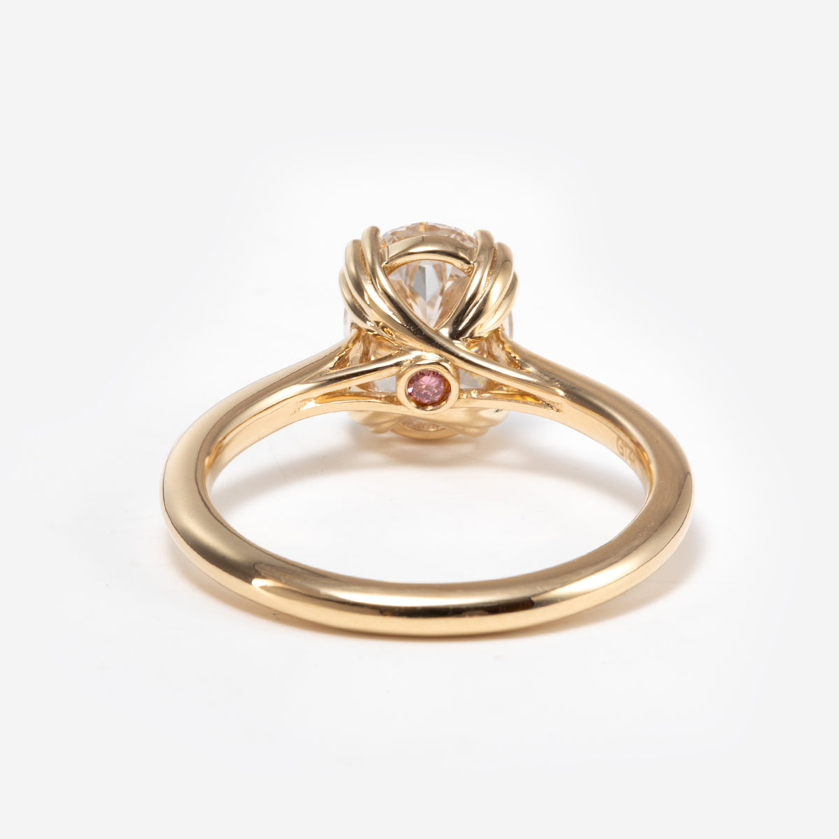 14K Yellow Gold Oval Cut Lab Diamond Pink Corundum Hidden Halo Ring with Triple Prong and Cathedral Setting