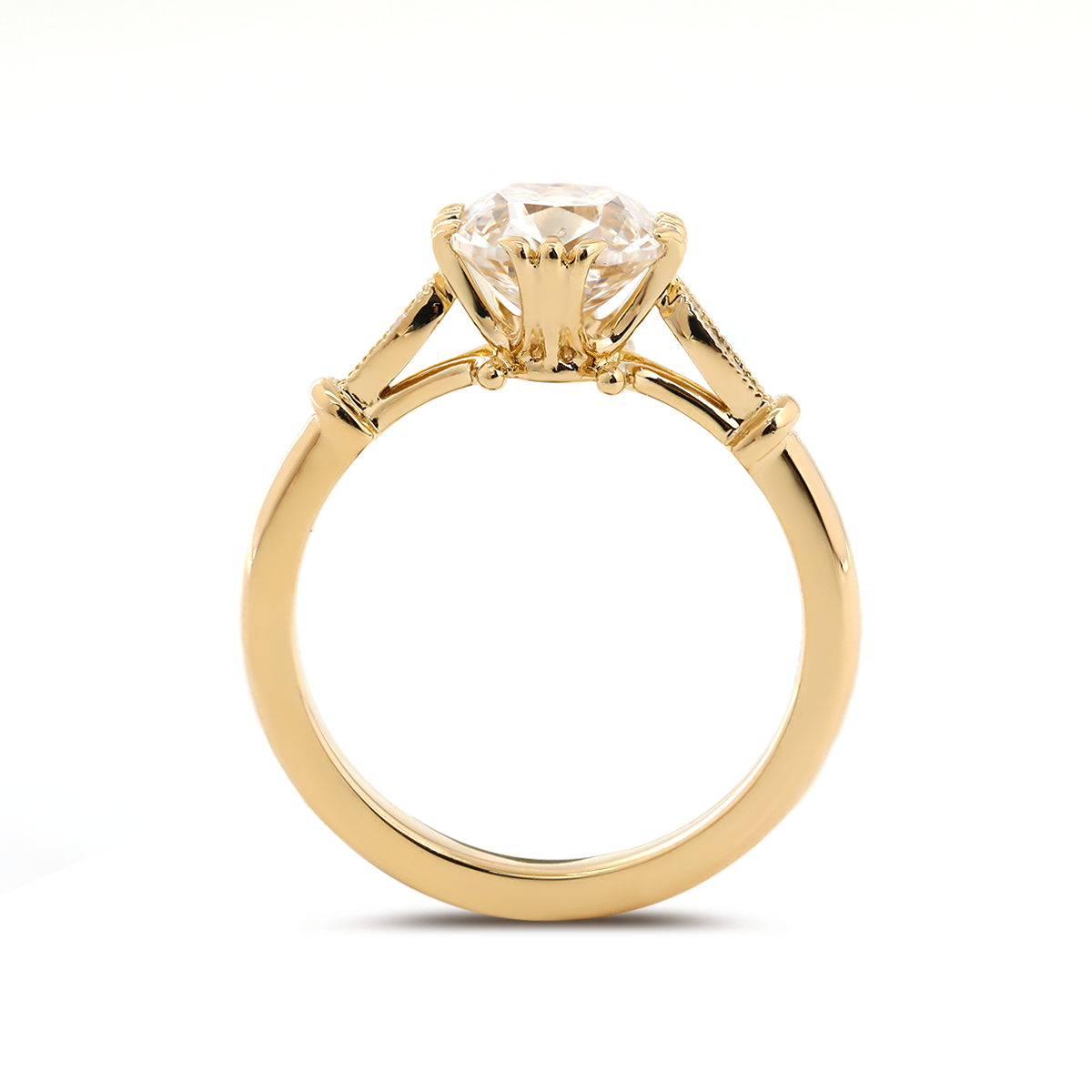 14K Yellow Gold 1.5ct Old Mine Cut Lab Grown Diamond Triple Prong Floral Basket Setting Vintage Ring – Art Nouveau Nature-Inspired Design
