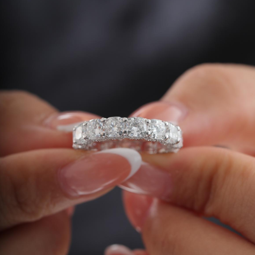 Cushion-Cut Lab Diamond Eternity Ring with Shared Round Prong and Round Pavé