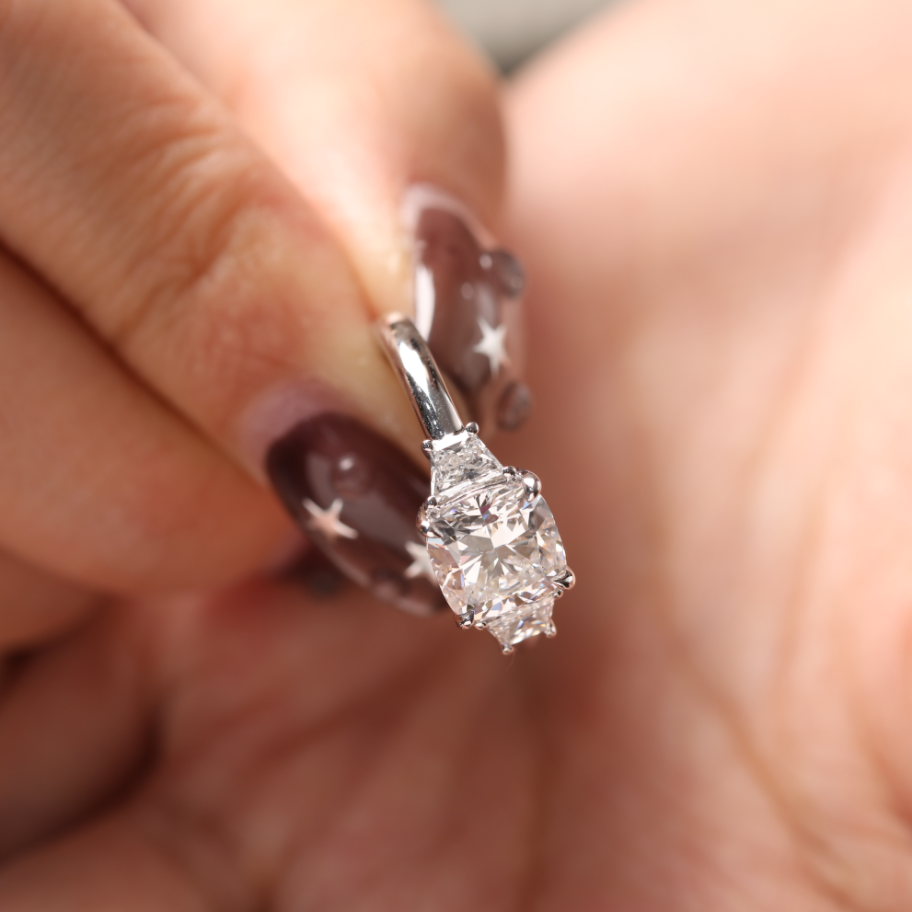 Cushion Brilliant Cut Lab Diamond 4 Claw Prong Basket Three-stone Ring with Brilliant Cut Trapezoid Side-stones