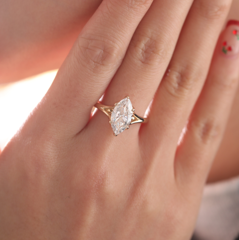 Marquise-Cut Lab Diamond Ring with Tulip Basket, Hidden Halo and Split Band
