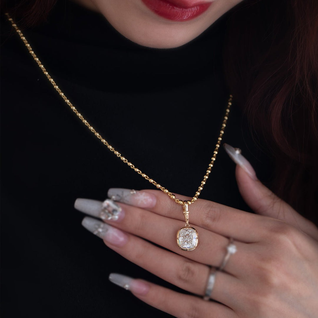 5 CT Elongated Cushion Cut Lab Diamond Bezel Pendant Necklace with Adjustable Beaded Chain - FIORESE JEWELRY