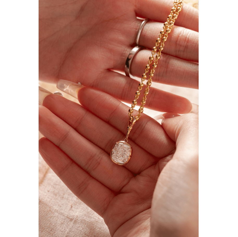 Elongated Cushion-Cut Lab Diamond Bezel-Basket Pendant Necklace with Adjustable Beaded Chain