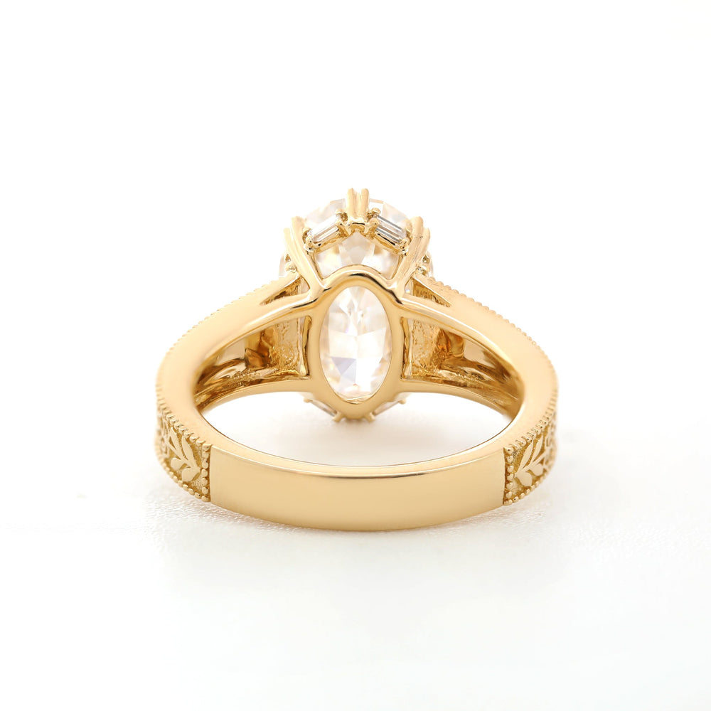 5.16CT Oval Ashoka Cut Lab Diamond Double Prong Hand - Engraved Wide Band Design Ring - FIORESE JEWELRY