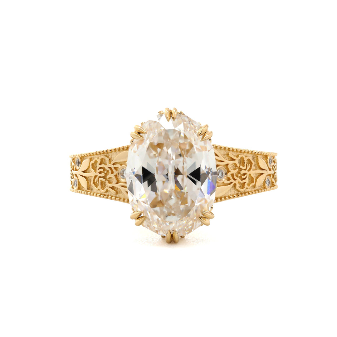 5.16CT Oval Ashoka Cut Lab Diamond Double Prong Hand - Engraved Wide Band Design Ring - FIORESE JEWELRY