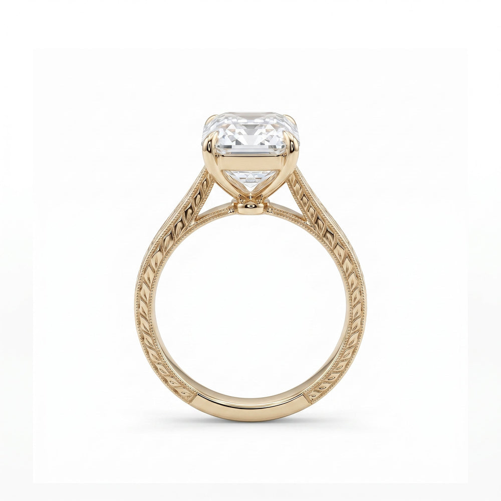 5.19CT Vintage Emerald - Cut Lab Diamond Hand - Engraved Ring with Taper Band - FIORESE JEWELRY