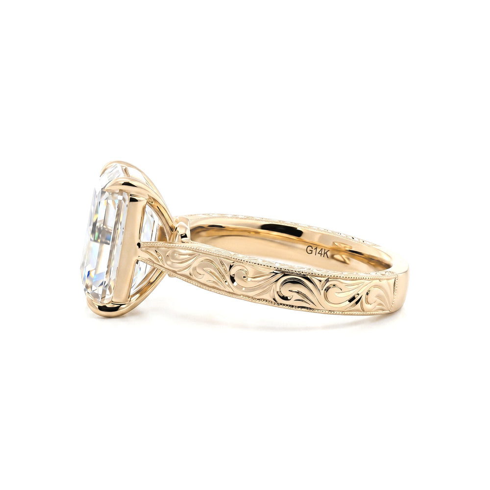 5.19CT Vintage Emerald - Cut Lab Diamond Hand - Engraved Ring with Taper Band - FIORESE JEWELRY
