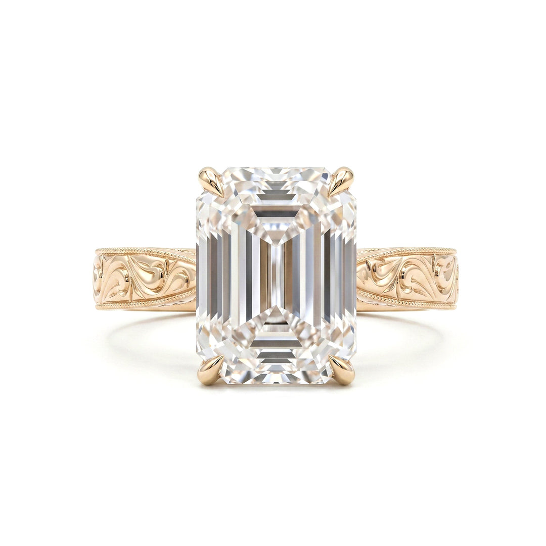 5.19CT Vintage Emerald - Cut Lab Diamond Hand - Engraved Ring with Taper Band - FIORESE JEWELRY