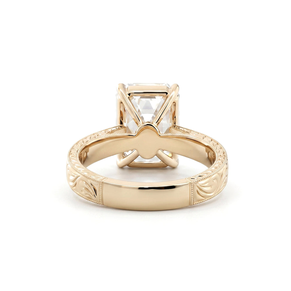 5.19CT Vintage Emerald - Cut Lab Diamond Hand - Engraved Ring with Taper Band - FIORESE JEWELRY