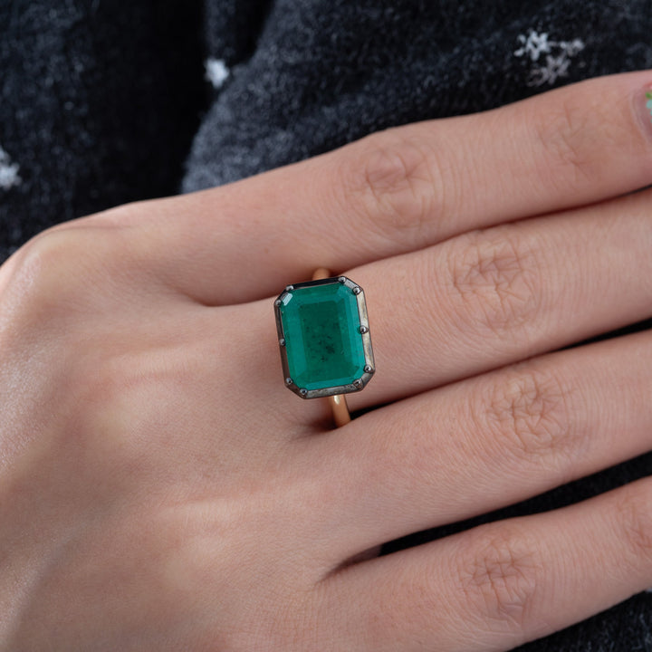 5.215CT Colombian Emerald East - West Design Black Rhodium Bezel Set Ring - FIORESE JEWELRY
