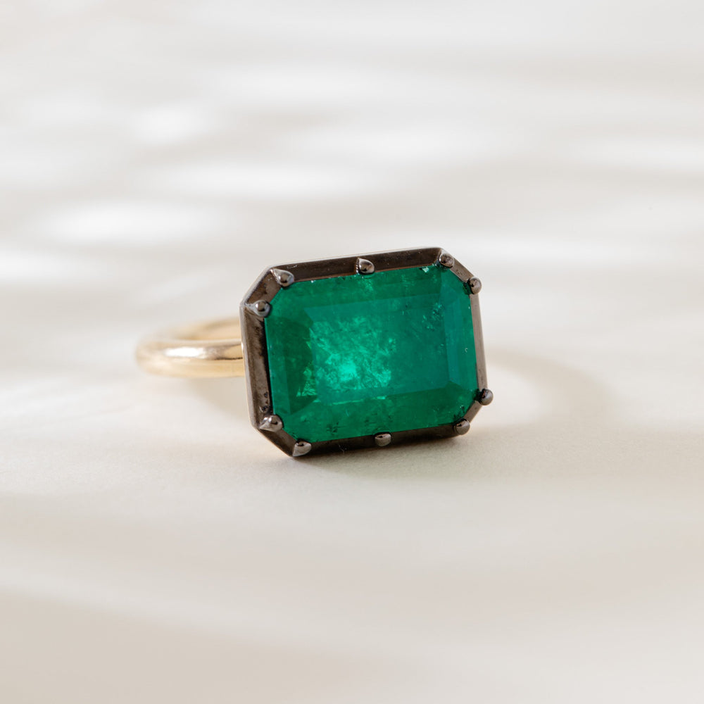 5.215CT Colombian Emerald East - West Design Black Rhodium Bezel Set Ring - FIORESE JEWELRY