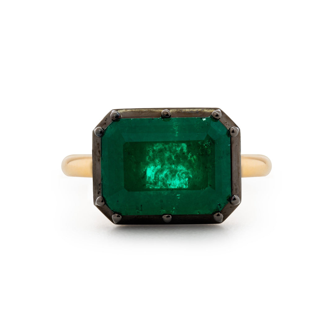 5.215CT Colombian Emerald East - West Design Black Rhodium Bezel Set Ring - FIORESE JEWELRY
