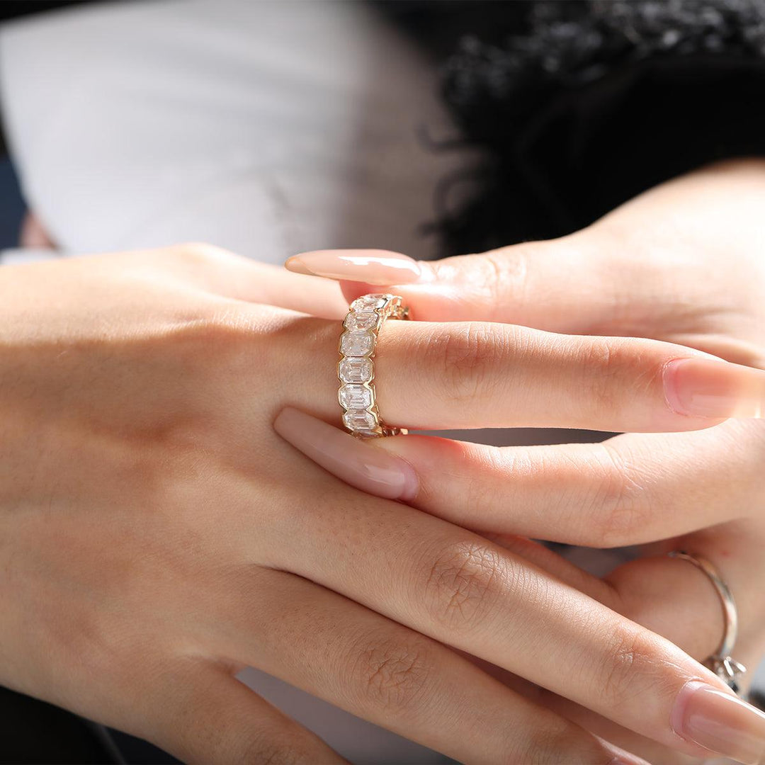 5*3mm Emerald Cut Lab Diamond Half Bezel Basket Eternity Ring - FIORESE JEWELRY
