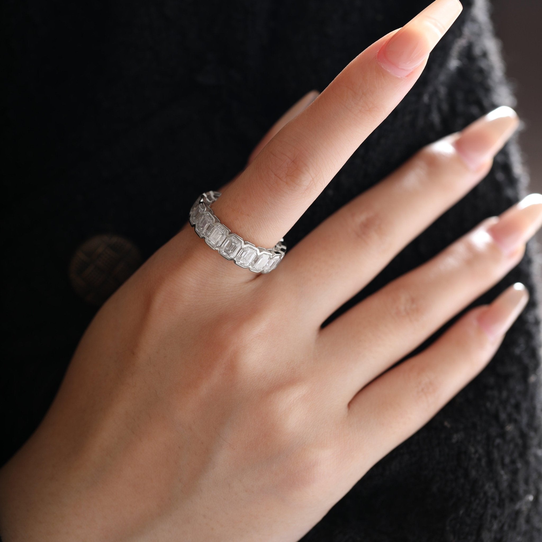 5*3mm Emerald Cut Lab Diamond Half Bezel Basket Eternity Ring - FIORESE JEWELRY