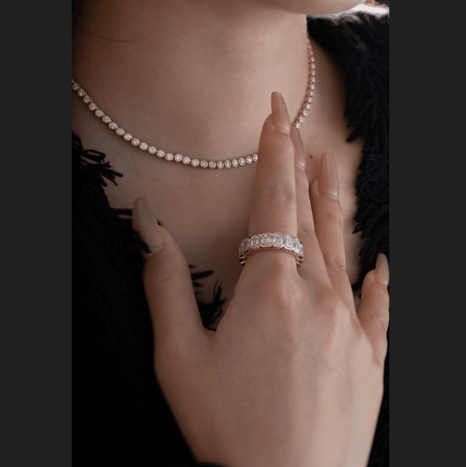 5*3mm Emerald Cut Lab Diamond Half Bezel Basket Eternity Ring