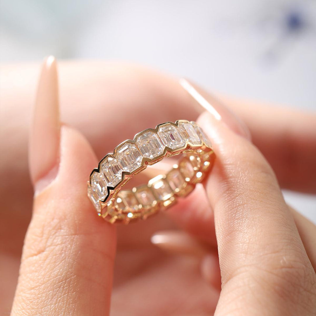 5*3mm Emerald Cut Lab Diamond Half Bezel Basket Eternity Ring - FIORESE JEWELRY