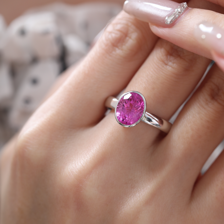 Starbrite-Cut Pink Lab Sapphire Bezel Solitaire Ring with European Shank