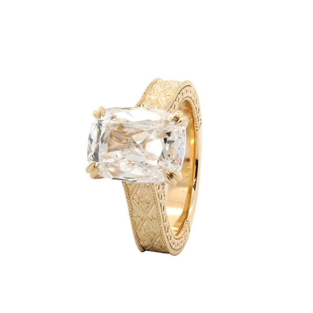 5.42CT Cushion Old Mine Cut Lab Diamond Vintage Hand - Engarved Wide Band Design Ring - FIORESE JEWELRY