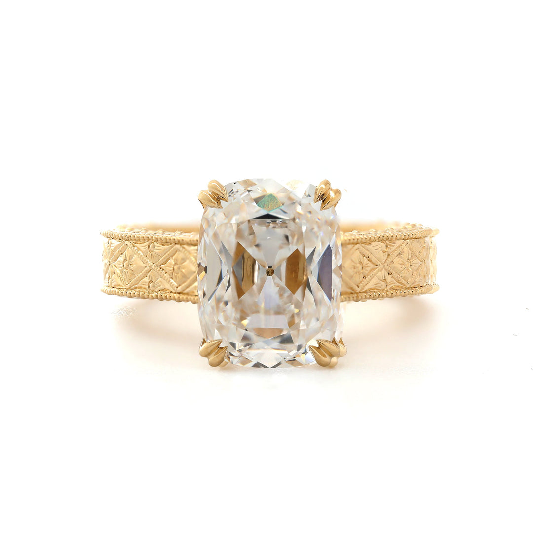 5.42CT Cushion Old Mine Cut Lab Diamond Vintage Hand - Engarved Wide Band Design Ring - FIORESE JEWELRY