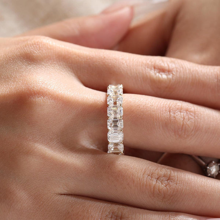 5*4mm Emerald Cut Moissanite Shared Prong U - shaped Pave Eternity Ring - FIORESE JEWELRY