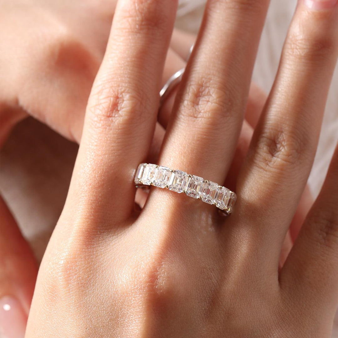 5*4mm Emerald Cut Moissanite Shared Prong U - shaped Pave Eternity Ring - FIORESE JEWELRY