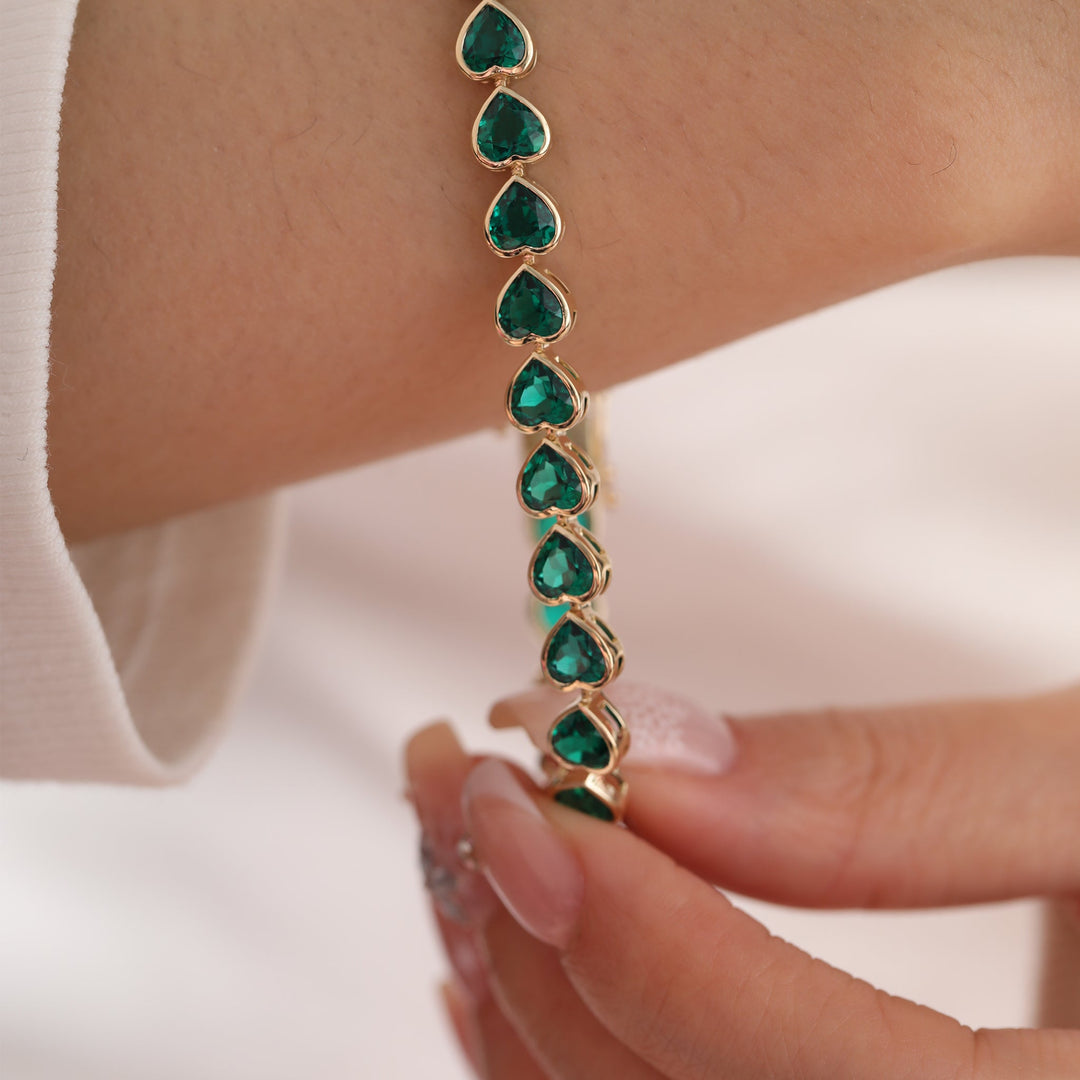 5×5mm Heart-Shaped Zambian Lab Emerald East-West Bezel Tennis Bracelet - FIORESE JEWELRY