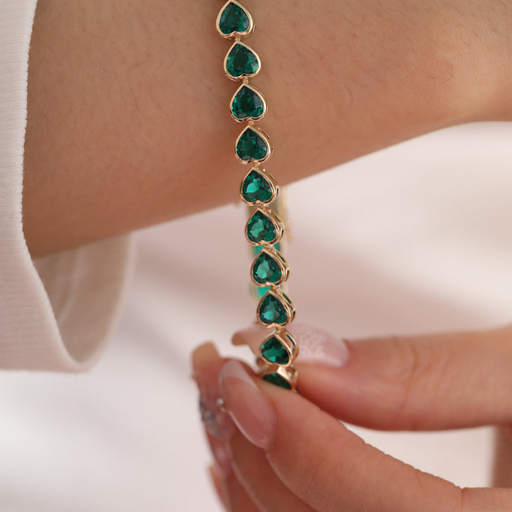 5×5mm Heart-Shaped Zambian Lab Emerald East-West Bezel Tennis Bracelet - FIORESE JEWELRY