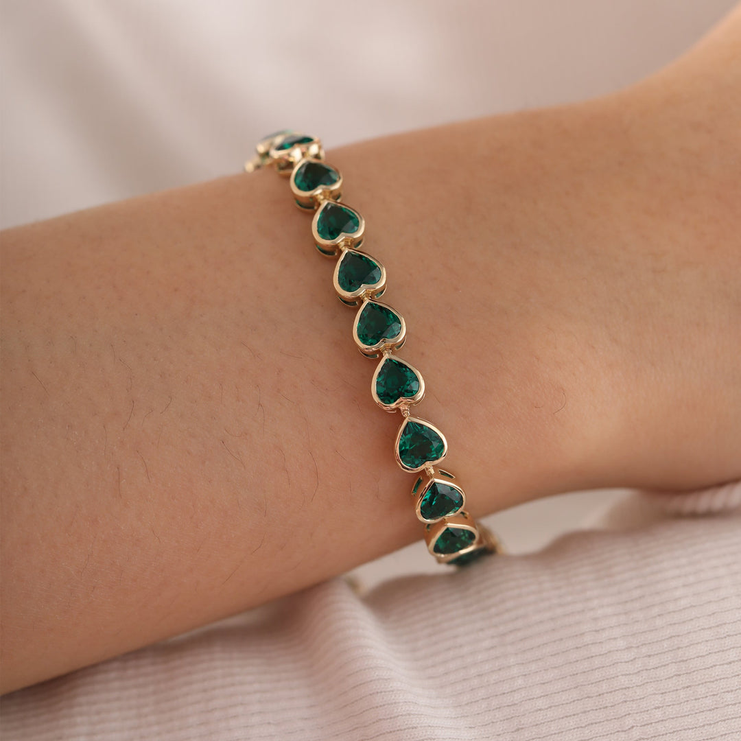 5×5mm Heart-Shaped Zambian Lab Emerald East-West Bezel Tennis Bracelet - FIORESE JEWELRY